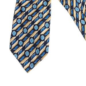 Barcelino Silk Tie Men’s Long 62” Gold Blue Geometric Floral Art Deco Wide New